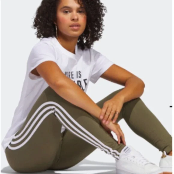 NWT XL Adidas Army/Olive green Leggings with three white stripes - Picture 3 of 9